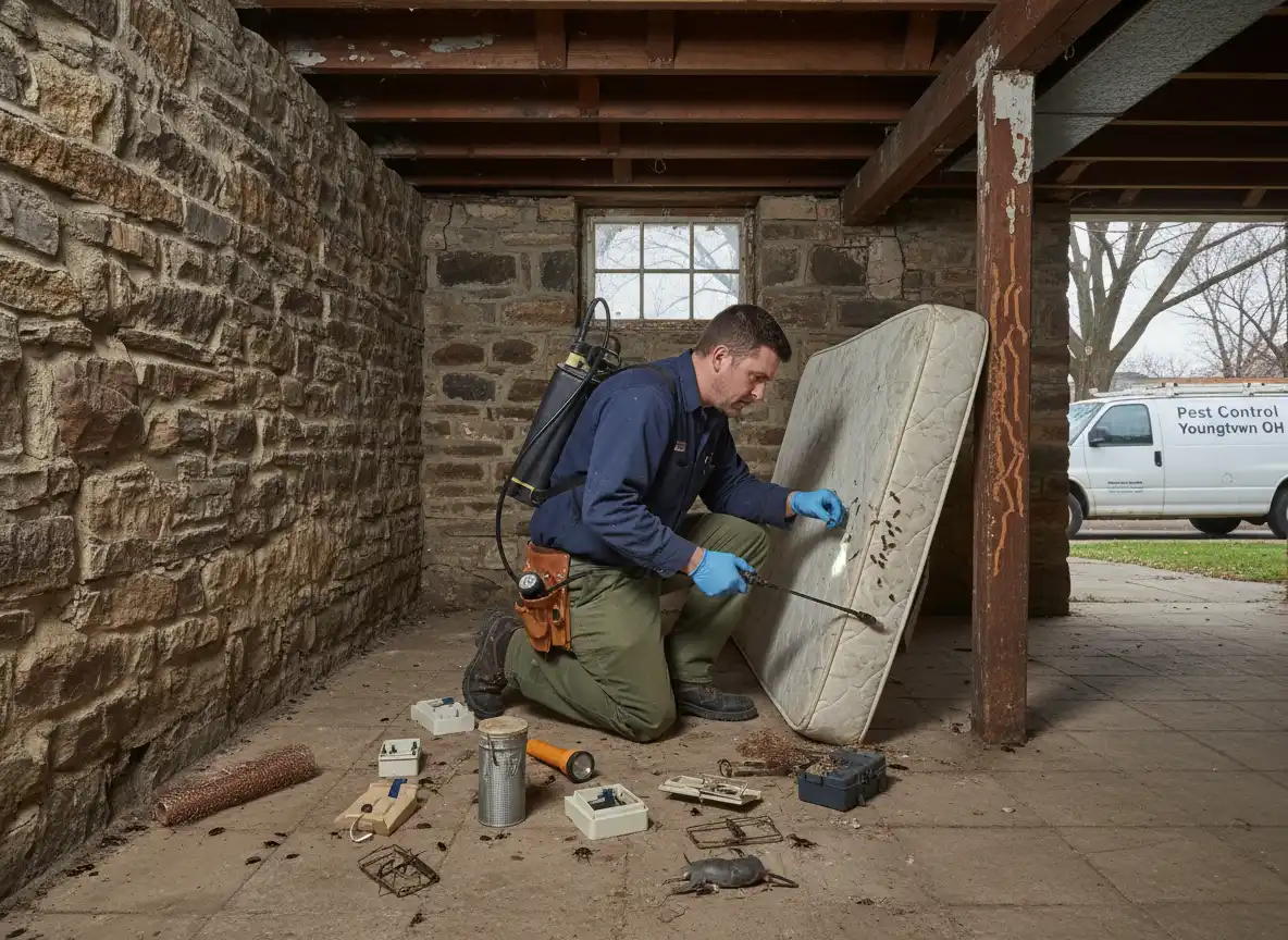 Technician using a flashlight to inspect mattress seams for bed bugs