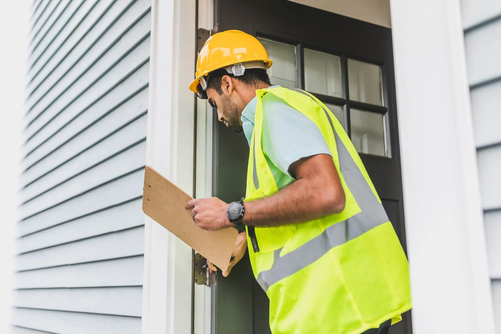 Pest control technician checking the outside wall of an older two-story home