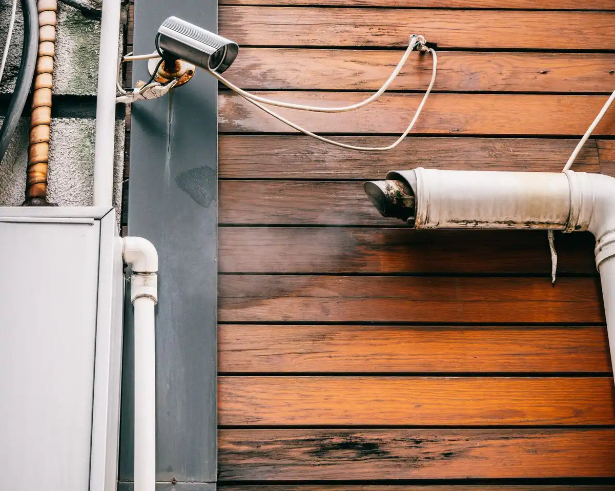 Technician sealing a gap around a pipe on a house exterior