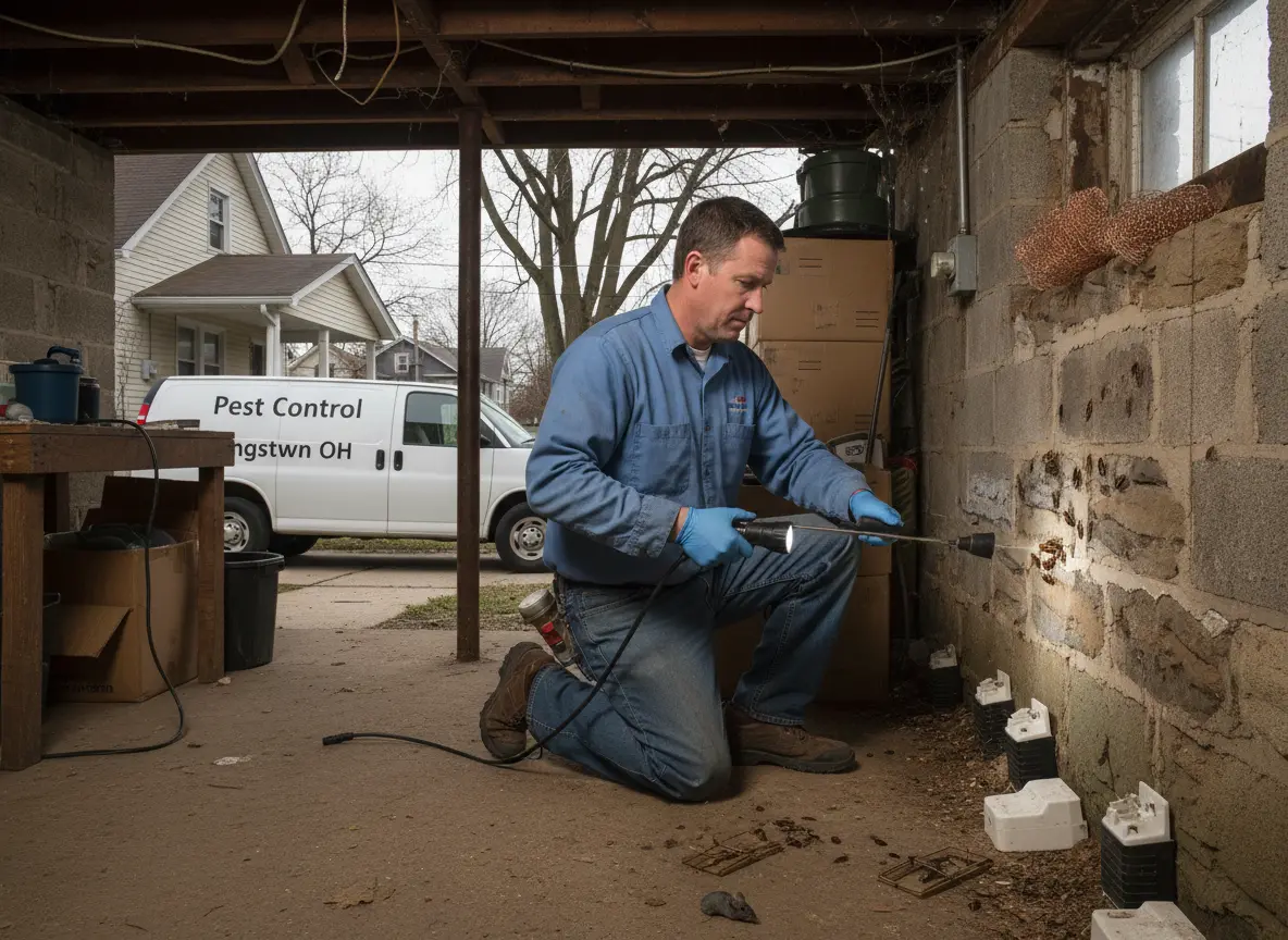 Pest control technician checking under a kitchen sink with a flashlight
