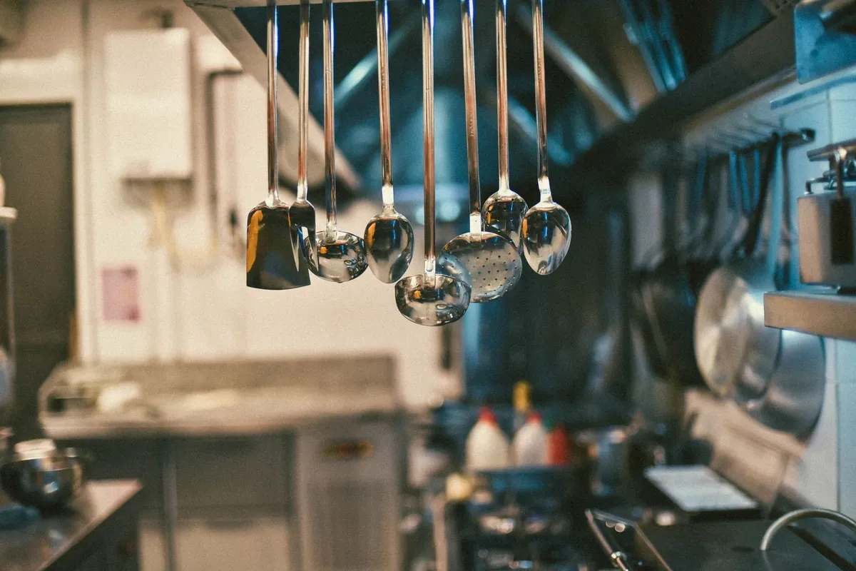 Clean stainless steel restaurant kitchen line