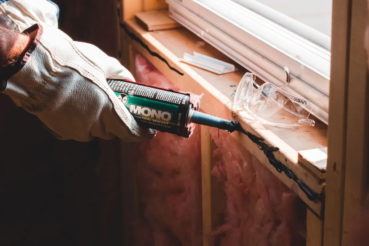 Technician caulking a gap along exterior house trim