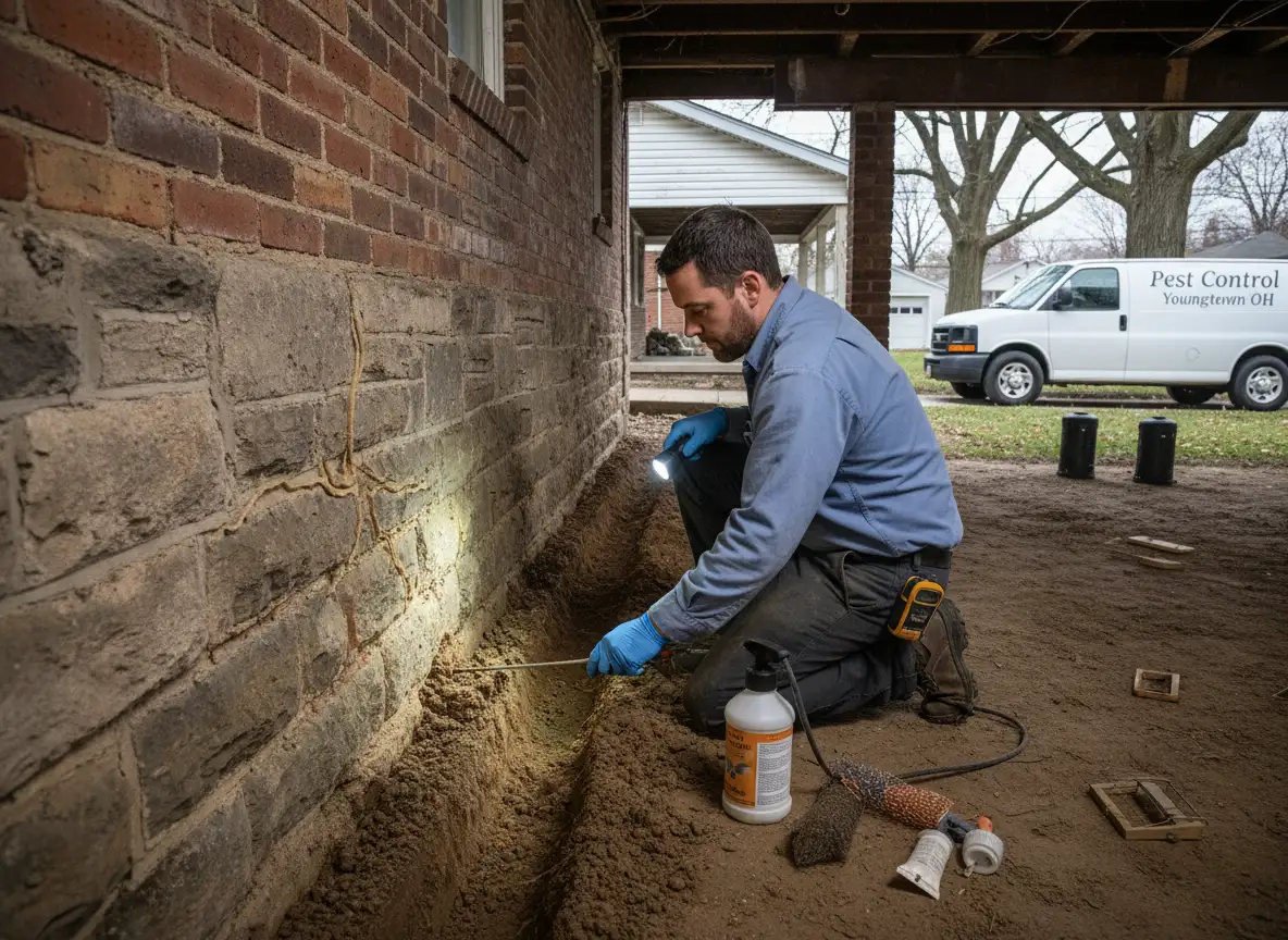 Pest control technician checking the outside of a Youngstown home