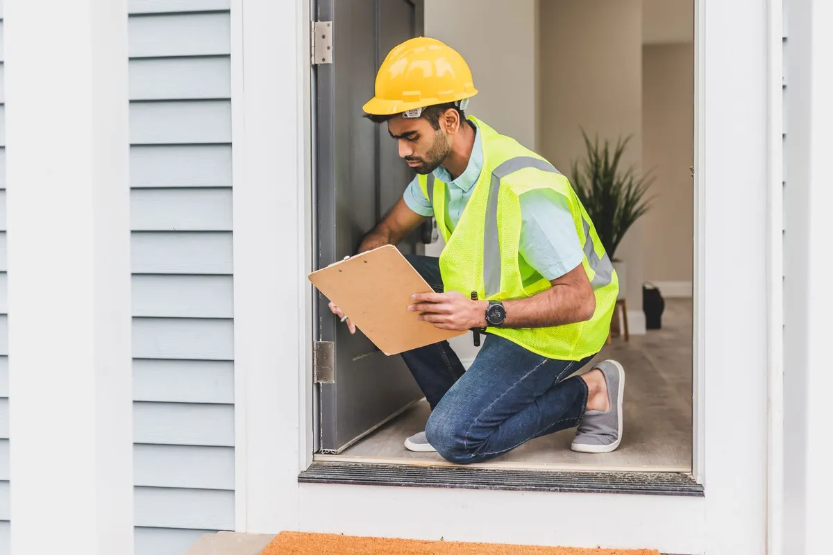 Technician writing notes on a clipboard during a home pest inspection