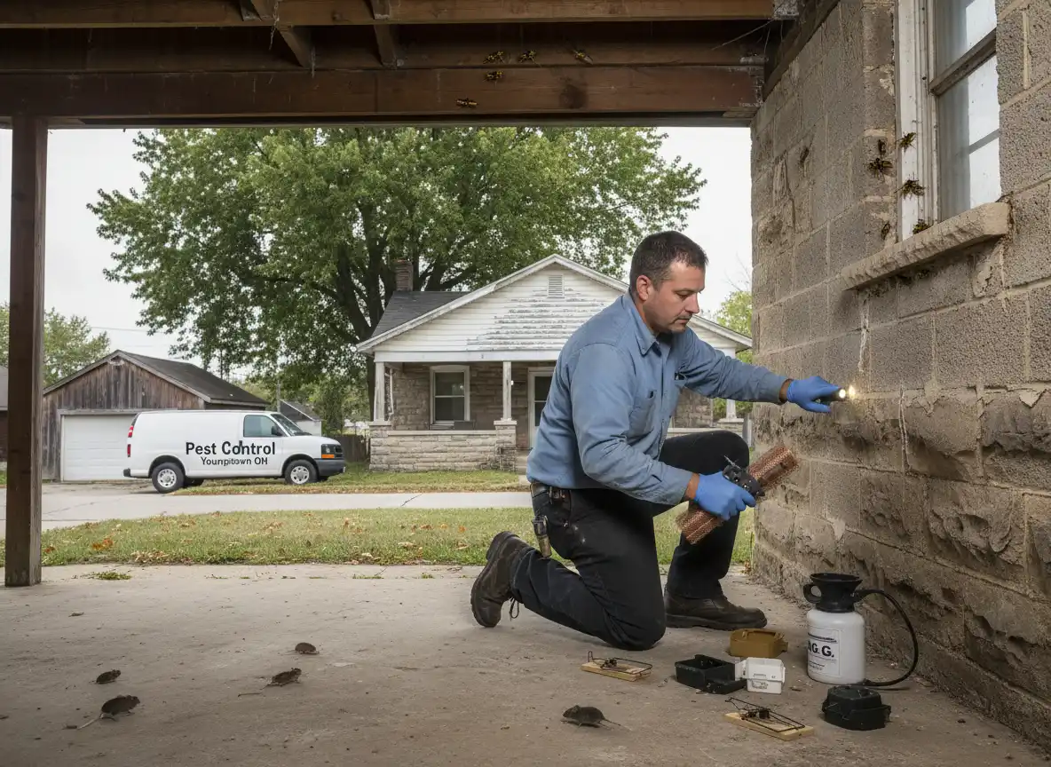 Technician clearing cobwebs from a basement ceiling with a long-handled brush