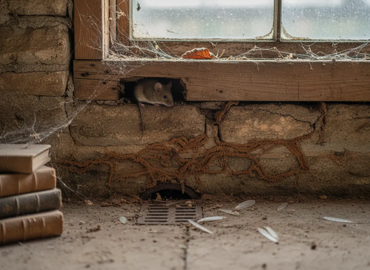 Mouse near a basement wall in the fall